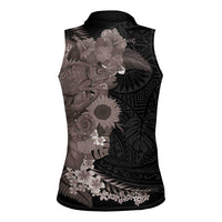 Hawaiian Tropical Plants and Chameleon Women Sleeveless Polo Shirt Polynesian Art Grayscale LT03 - Polynesian Pride
