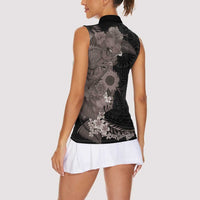 Hawaiian Tropical Plants and Chameleon Women Sleeveless Polo Shirt Polynesian Art Grayscale LT03 - Polynesian Pride
