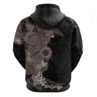 Hawaiian Tropical Plants and Chameleon Zip Hoodie Polynesian Art Grayscale - Polynesian Pride