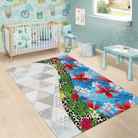 Hawaiian Tropical Flowers and Leaves Area Rug on Leopard Pattern Half Style White-Blue Version - Polynesian Pride