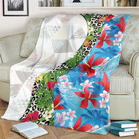 Hawaiian Tropical Flowers and Leaves Blanket on Leopard Pattern Half Style White-Blue Version - Polynesian Pride