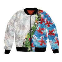 Hawaiian Tropical Flowers and Leaves Bomber Jacket on Leopard Pattern Half Style White-Blue Version LT03 Unisex White - Polynesian Pride