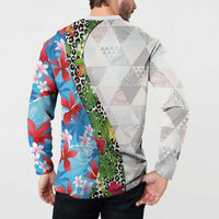 Hawaiian Tropical Flowers and Leaves Button Sweatshirt on Leopard Pattern Half Style White-Blue Version - Polynesian Pride