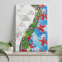 Hawaiian Tropical Flowers and Leaves Canvas Wall Art on Leopard Pattern Half Style White-Blue Version - Polynesian Pride