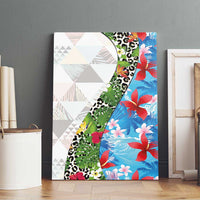 Hawaiian Tropical Flowers and Leaves Canvas Wall Art on Leopard Pattern Half Style White-Blue Version - Polynesian Pride