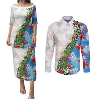 Hawaiian Tropical Flowers and Leaves Couples Matching Puletasi and Long Sleeve Button Shirt on Leopard Pattern Half Style White-Blue Version - Polynesian Pride