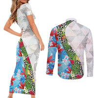 Hawaiian Tropical Flowers and Leaves Couples Matching Short Sleeve Bodycon Dress and Long Sleeve Button Shirt on Leopard Pattern Half Style White-Blue Version - Polynesian Pride
