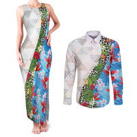 Hawaiian Tropical Flowers and Leaves Couples Matching Tank Maxi Dress and Long Sleeve Button Shirt on Leopard Pattern Half Style White-Blue Version - Polynesian Pride