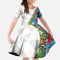 Hawaiian Tropical Flowers and Leaves Family Matching Long Sleeve Bodycon Dress and Hawaiian Shirt on Leopard Pattern Half Style White-Blue Version LT03 Daughter's Dress White - Polynesian Pride