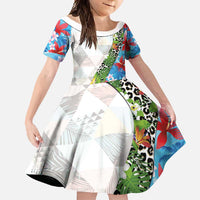 Hawaiian Tropical Flowers and Leaves Family Matching Off Shoulder Maxi Dress and Hawaiian Shirt on Leopard Pattern Half Style White-Blue Version - Polynesian Pride