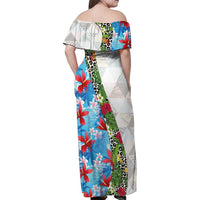 Hawaiian Tropical Flowers and Leaves Family Matching Off Shoulder Maxi Dress and Hawaiian Shirt on Leopard Pattern Half Style White-Blue Version - Polynesian Pride