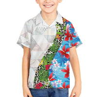 Hawaiian Tropical Flowers and Leaves Family Matching Off Shoulder Short Dress and Hawaiian Shirt on Leopard Pattern Half Style White-Blue Version LT03 Son's Shirt White - Polynesian Pride