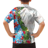 Hawaiian Tropical Flowers and Leaves Family Matching Puletasi and Hawaiian Shirt on Leopard Pattern Half Style White-Blue Version LT03 - Polynesian Pride