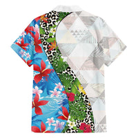 Hawaiian Tropical Flowers and Leaves Family Matching Puletasi and Hawaiian Shirt on Leopard Pattern Half Style White-Blue Version LT03 - Polynesian Pride