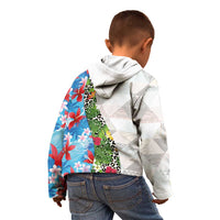 Hawaiian Tropical Flowers and Leaves Kid Hoodie on Leopard Pattern Half Style White-Blue Version - Polynesian Pride