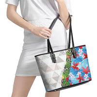 Hawaiian Tropical Flowers and Leaves Leather Tote Bag on Leopard Pattern Half Style White-Blue Version - Polynesian Pride