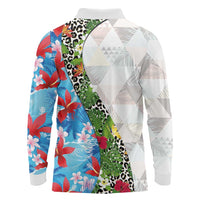 Hawaiian Tropical Flowers and Leaves Long Sleeve Polo Shirt on Leopard Pattern Half Style White-Blue Version LT03 - Polynesian Pride