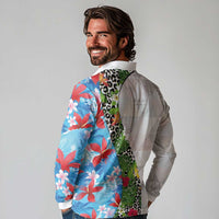Hawaiian Tropical Flowers and Leaves Long Sleeve Polo Shirt on Leopard Pattern Half Style White-Blue Version LT03 - Polynesian Pride
