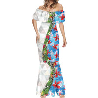 Hawaiian Tropical Flowers and Leaves Mermaid Dress on Leopard Pattern Half Style White-Blue Version - Polynesian Pride