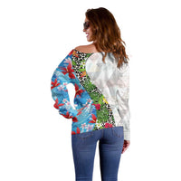 Hawaiian Tropical Flowers and Leaves Off Shoulder Sweater on Leopard Pattern Half Style White-Blue Version - Polynesian Pride