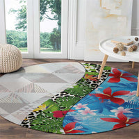 Hawaiian Tropical Flowers and Leaves Round Carpet on Leopard Pattern Half Style White-Blue Version - Polynesian Pride
