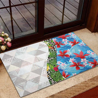 Hawaiian Tropical Flowers and Leaves Rubber Doormat on Leopard Pattern Half Style White-Blue Version - Polynesian Pride