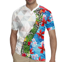 Hawaiian Tropical Flowers and Leaves Rugby Jersey on Leopard Pattern Half Style White-Blue Version - Polynesian Pride