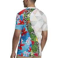 Hawaiian Tropical Flowers and Leaves Rugby Jersey on Leopard Pattern Half Style White-Blue Version - Polynesian Pride