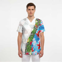 Hawaiian Tropical Flowers and Leaves Scrub Top on Leopard Pattern Half Style White-Blue Version LT03 - Polynesian Pride