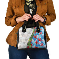 Hawaiian Tropical Flowers and Leaves Shoulder Handbag on Leopard Pattern Half Style White-Blue Version - Polynesian Pride