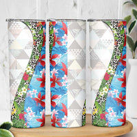 Hawaiian Tropical Flowers and Leaves Skinny Tumbler on Leopard Pattern Half Style White-Blue Version - Polynesian Pride