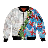 Hawaiian Tropical Flowers and Leaves Sleeve Zip Bomber Jacket on Leopard Pattern Half Style White-Blue Version LT03 Unisex White - Polynesian Pride