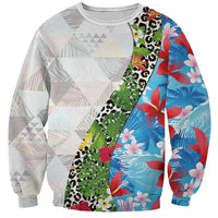 Hawaiian Tropical Flowers and Leaves Sweatshirt on Leopard Pattern Half Style White-Blue Version - Polynesian Pride