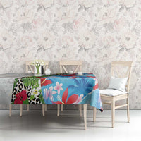 Hawaiian Tropical Flowers and Leaves Tablecloth on Leopard Pattern Half Style White-Blue Version - Polynesian Pride