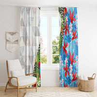 Hawaiian Tropical Flowers and Leaves Window Curtain on Leopard Pattern Half Style White-Blue Version - Polynesian Pride