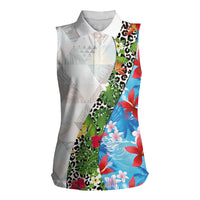 Hawaiian Tropical Flowers and Leaves Women Sleeveless Polo Shirt on Leopard Pattern Half Style White-Blue Version LT03 Female White - Polynesian Pride