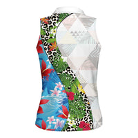 Hawaiian Tropical Flowers and Leaves Women Sleeveless Polo Shirt on Leopard Pattern Half Style White-Blue Version LT03 - Polynesian Pride