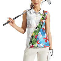 Hawaiian Tropical Flowers and Leaves Women Sleeveless Polo Shirt on Leopard Pattern Half Style White-Blue Version LT03 - Polynesian Pride