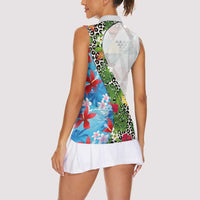 Hawaiian Tropical Flowers and Leaves Women Sleeveless Polo Shirt on Leopard Pattern Half Style White-Blue Version LT03 - Polynesian Pride