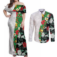 Hawaiian Tropical Flowers and Leaves Couples Matching Off Shoulder Maxi Dress and Long Sleeve Button Shirt on Leopard Pattern Half Style White-Black Version - Polynesian Pride