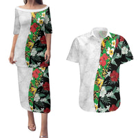 Hawaiian Tropical Flowers and Leaves Couples Matching Puletasi and Hawaiian Shirt on Leopard Pattern Half Style White-Black Version - Polynesian Pride