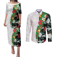 Hawaiian Tropical Flowers and Leaves Couples Matching Puletasi and Long Sleeve Button Shirt on Leopard Pattern Half Style White-Black Version - Polynesian Pride