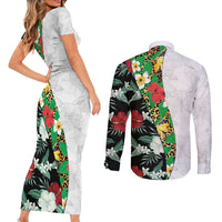 Hawaiian Tropical Flowers and Leaves Couples Matching Short Sleeve Bodycon Dress and Long Sleeve Button Shirt on Leopard Pattern Half Style White-Black Version LT03 - Polynesian Pride