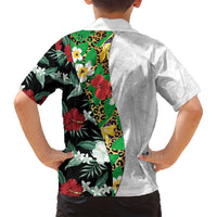 Hawaiian Tropical Flowers and Leaves Family Matching Long Sleeve Bodycon Dress and Hawaiian Shirt on Leopard Pattern Half Style White-Black Version LT03 - Polynesian Pride