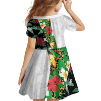 Hawaiian Tropical Flowers and Leaves Family Matching Off The Shoulder Long Sleeve Dress and Hawaiian Shirt on Leopard Pattern Half Style White-Black Version LT03 - Polynesian Pride