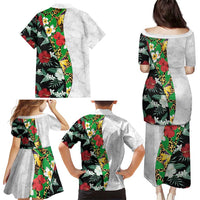 Hawaiian Tropical Flowers and Leaves Family Matching Puletasi and Hawaiian Shirt on Leopard Pattern Half Style White-Black Version - Polynesian Pride