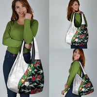 Hawaiian Tropical Flowers and Leaves Grocery Bag on Leopard Pattern Half Style White-Black Version - Polynesian Pride
