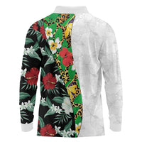 Hawaiian Tropical Flowers and Leaves Long Sleeve Polo Shirt on Leopard Pattern Half Style White-Black Version LT03 - Polynesian Pride