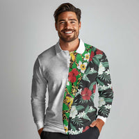Hawaiian Tropical Flowers and Leaves Long Sleeve Polo Shirt on Leopard Pattern Half Style White-Black Version LT03 - Polynesian Pride