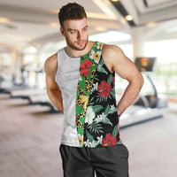 Hawaiian Tropical Flowers and Leaves Men Tank Top on Leopard Pattern Half Style White-Black Version - Polynesian Pride
